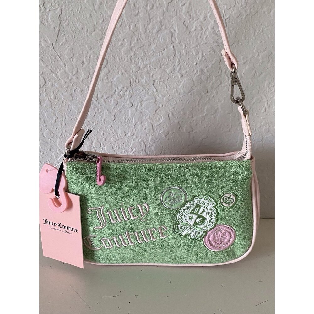 Juicy Couture Juicy Girl Rule Wristlet Bag Retro Green Terry Cloth Logo Patches